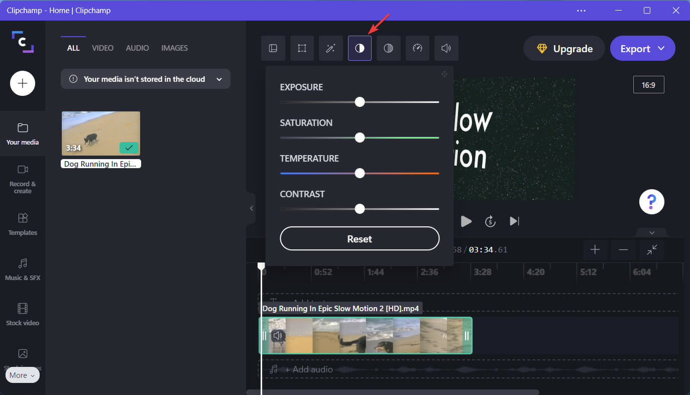 Вкладка «Коррекция цвета» в Clipchamp