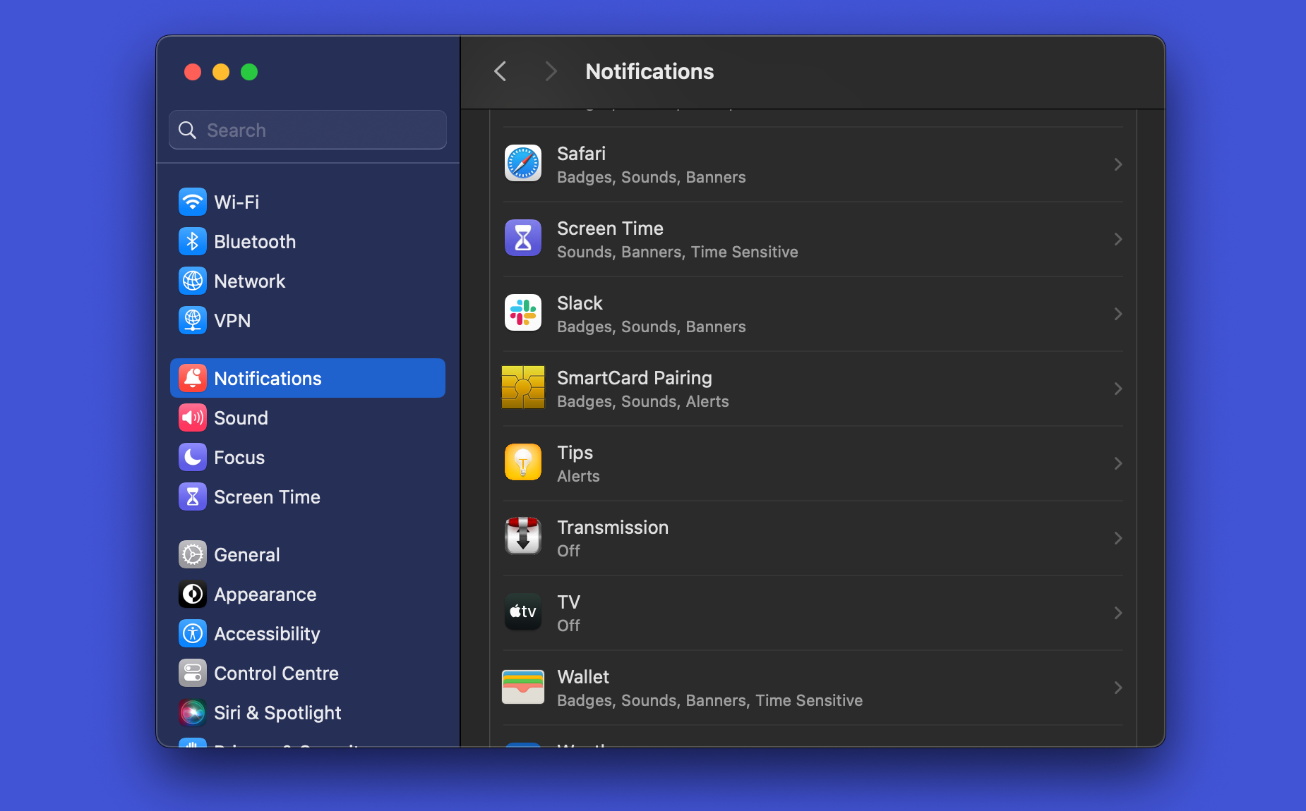 Настройки уведомлений в macOS.