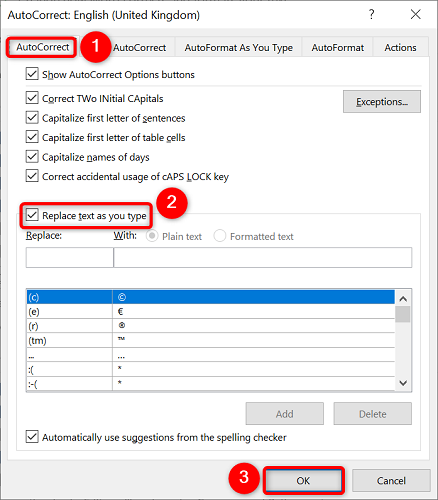 Переключатель 'Заменять текст при вводе' в Word