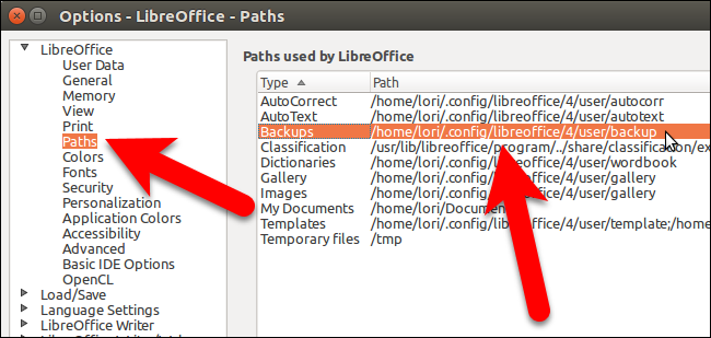 Список путей в LibreOffice на Linux
