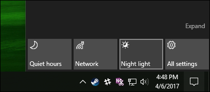 Кнопка 'Ночной свет' в Центре уведомлений Windows 10