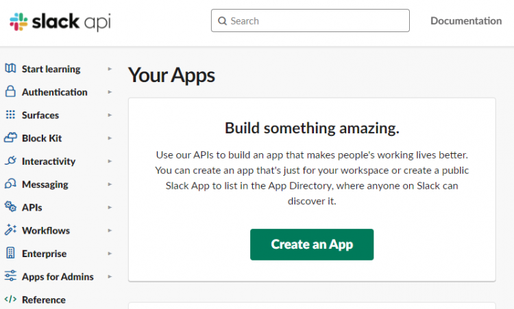 Страница Slack API для создания приложений