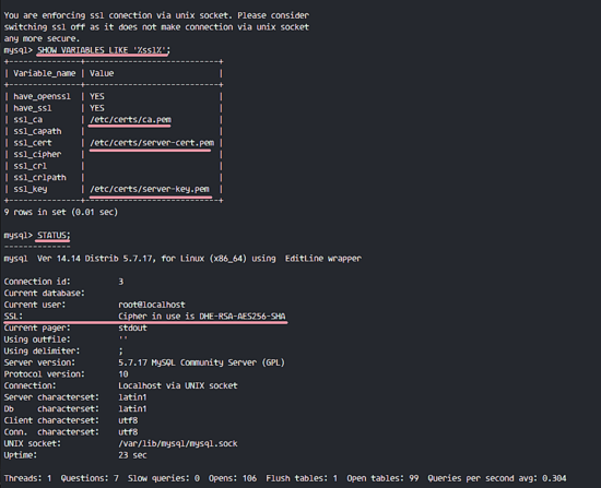 SSL включён в MySQL и локальное подключение root с SSL