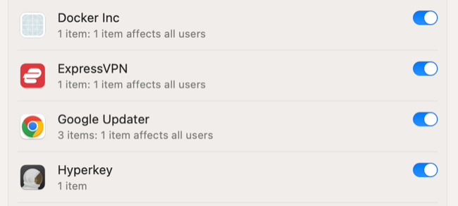 Toggle background items on or off in the Login Items menu