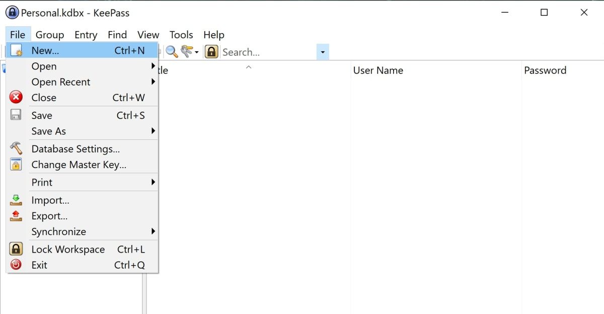 Меню «Файл» с опцией «Новый» в KeePass