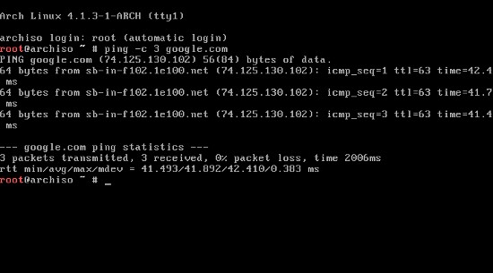 Проверка сети командой ping в установщике Arch Linux