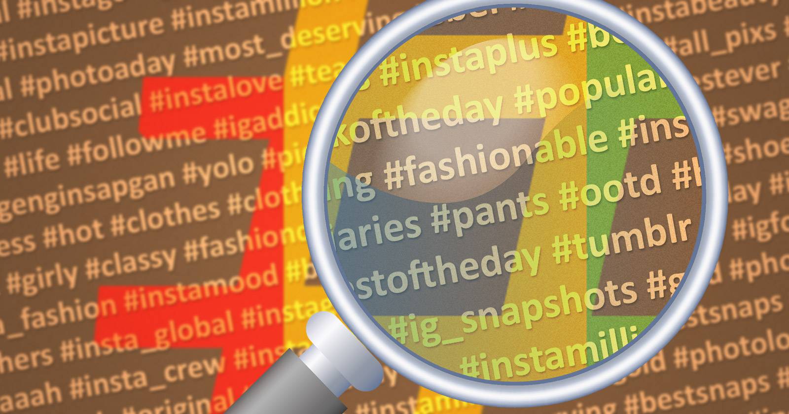 Крупный план телефона с лентой Instagram и примерами хештегов