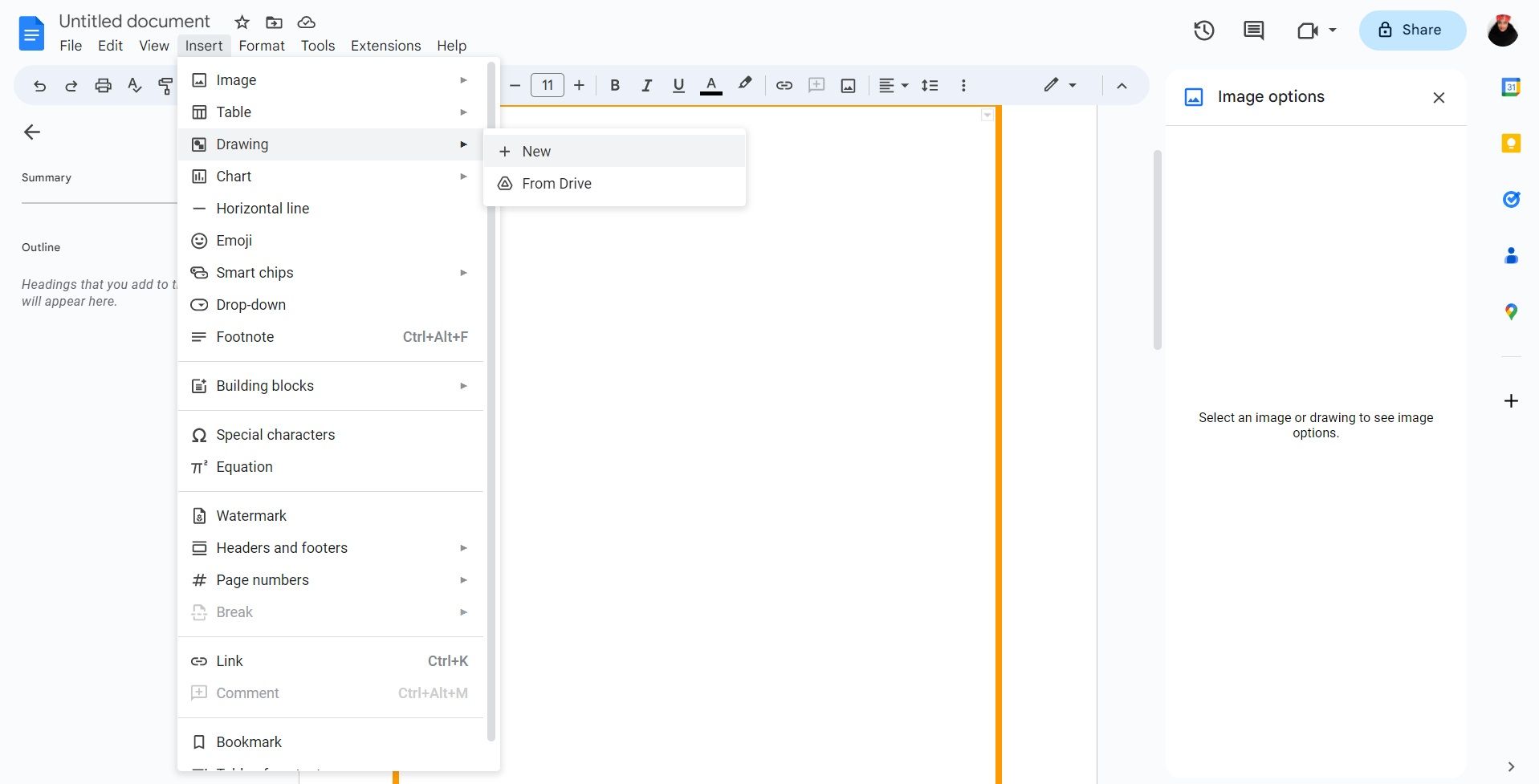 Меню Вставка в Google Docs