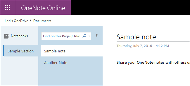 Блокнот в OneNote Online после перехода по приглашению