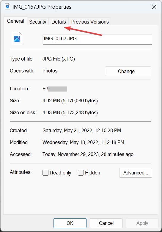 Вкладка 'Сведения' в свойствах файла