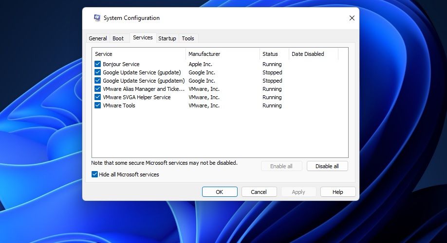 The Services tab
