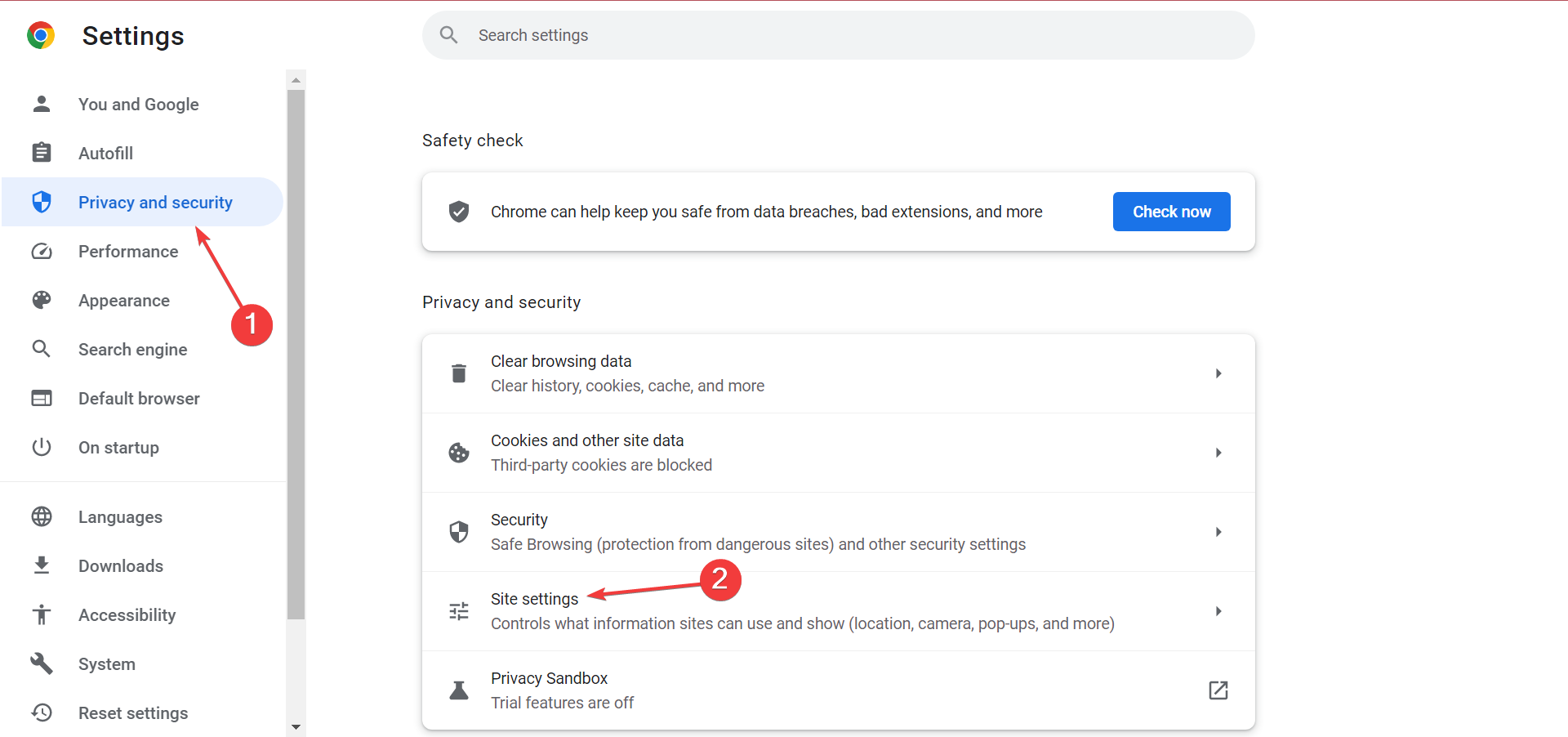 Раздел «Конфиденциальность и безопасность» → «Параметры сайтов» в Chrome