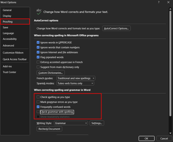 Настройка параметров проверки в Word на ПК. 