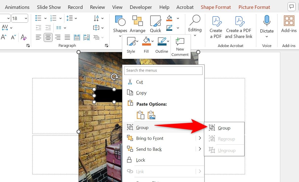 Опция Группировать для фигуры и изображения в PowerPoint