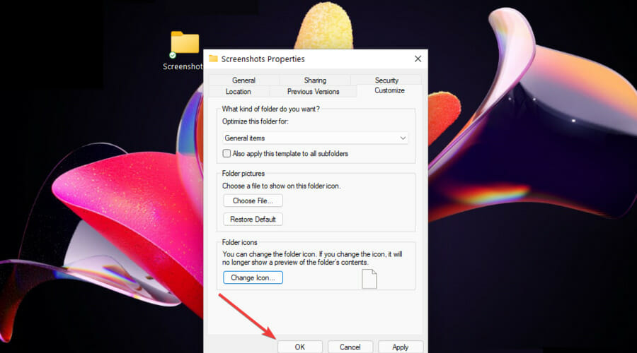Применение нового значка в свойствах папки