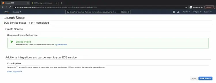 Статус успешного создания сервиса