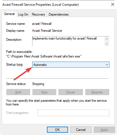 Настройка типа запуска службы Avast