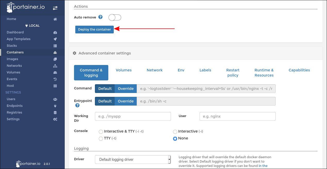 Расширенные настройки контейнера Portainer