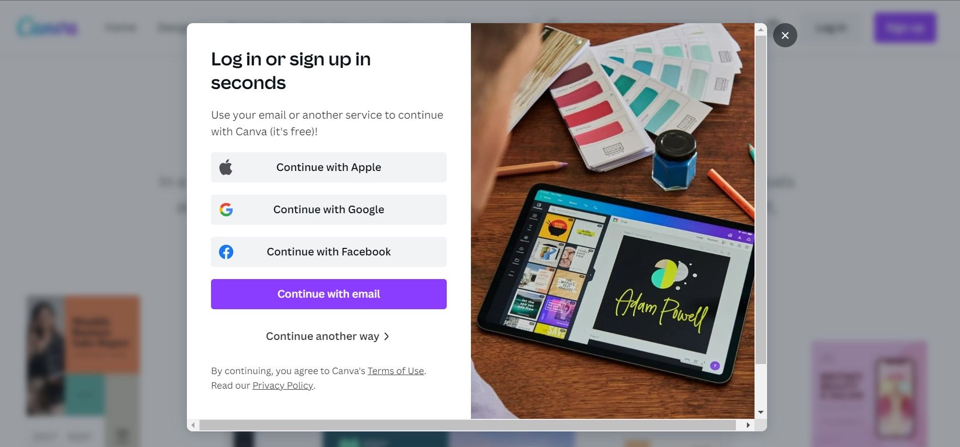 Страница регистрации Canva, форма входа