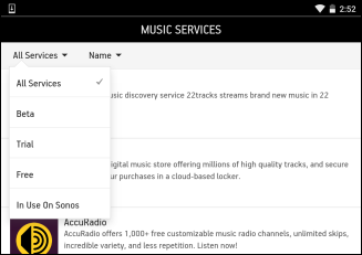 Выбор All Services в мобильном приложении Sonos
