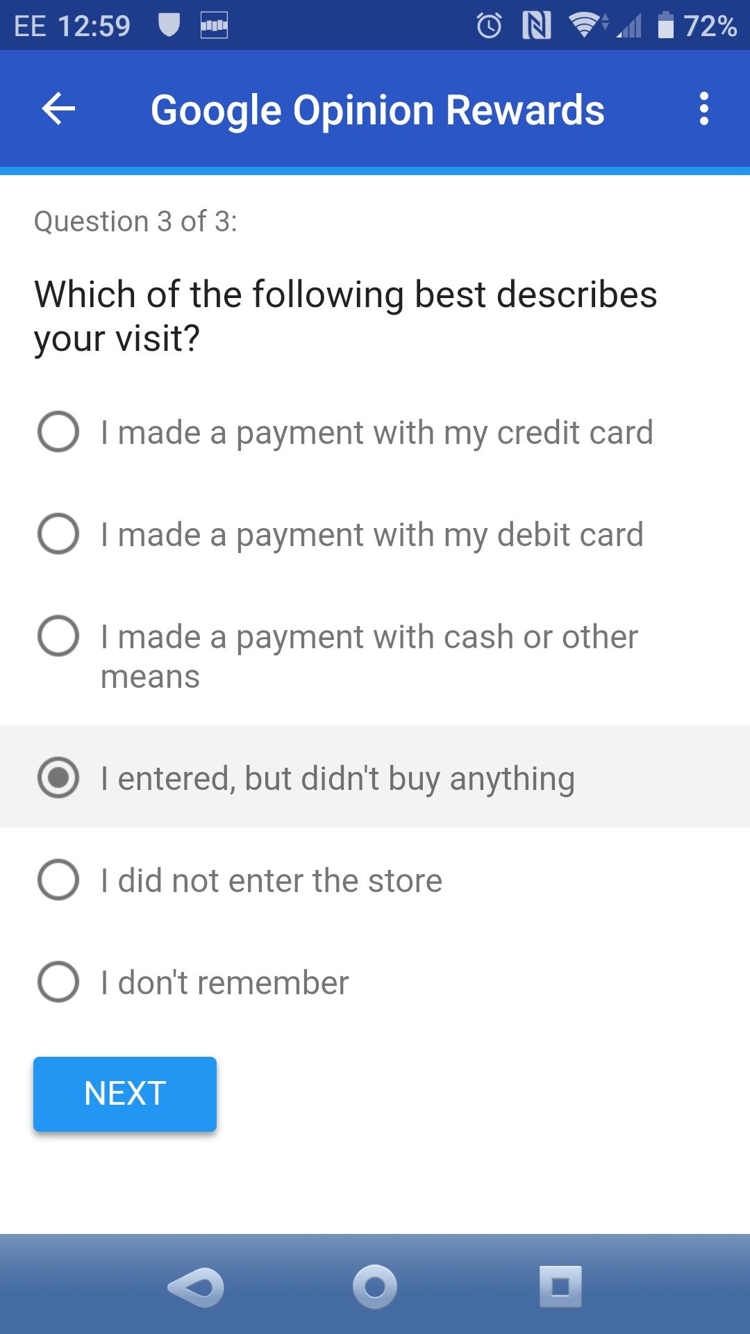 Интерфейс Google Opinion Rewards: пример опроса и начисления средств