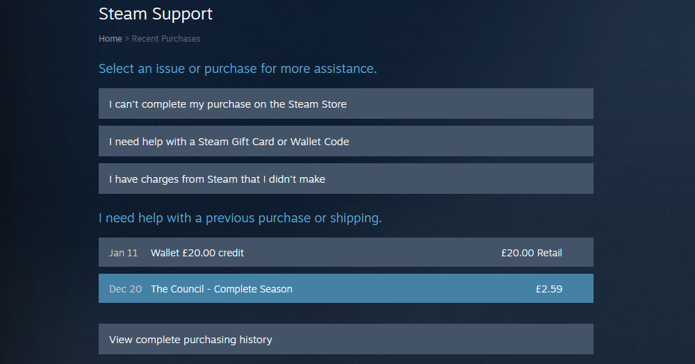 Выбор игры в службе поддержки Steam