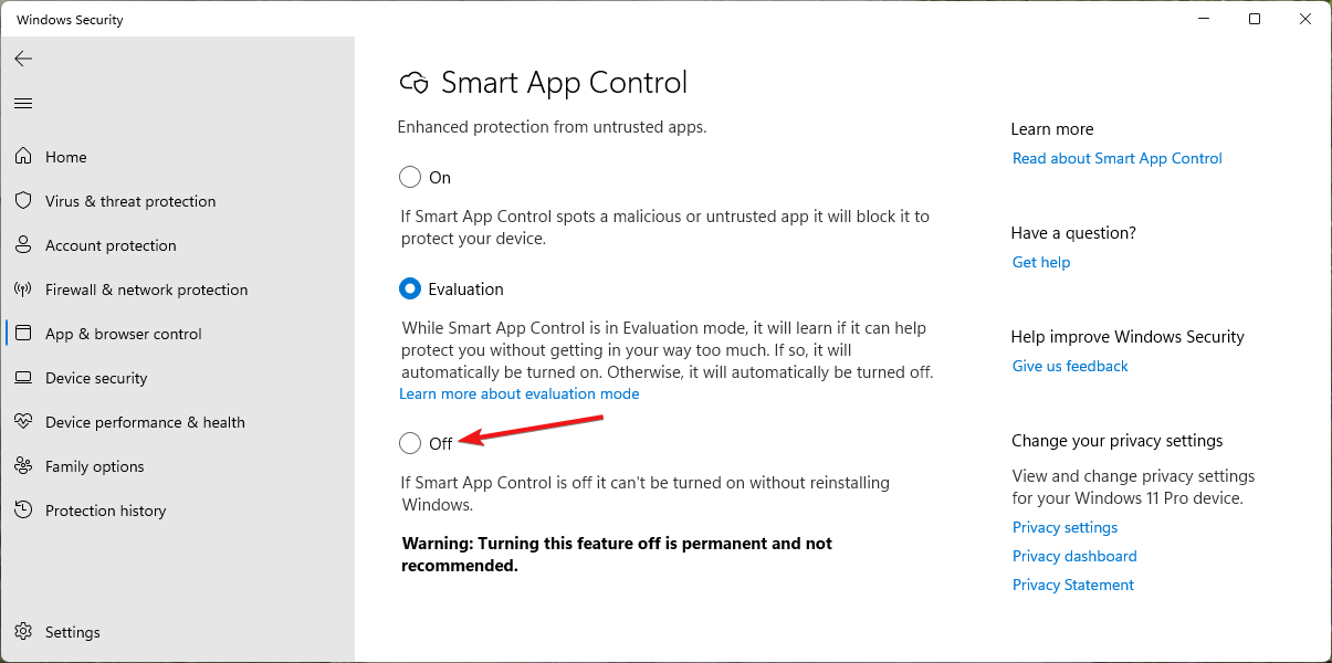 Отключение Smart App Control