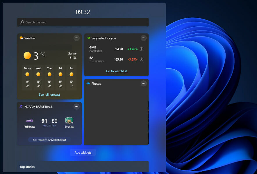 Экран виджетов Windows 11