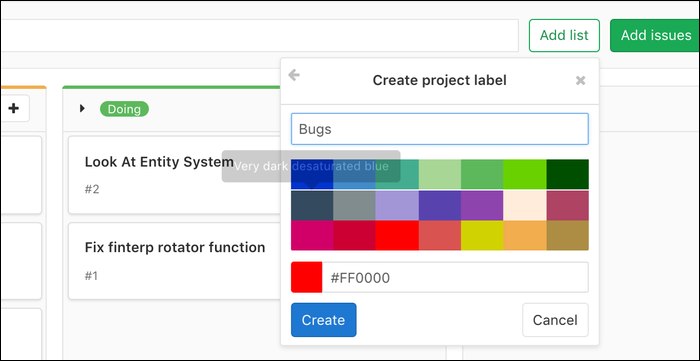 Присвоение имени метке и выбор цвета