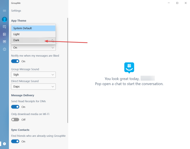 Выбор тёмной темы в GroupMe