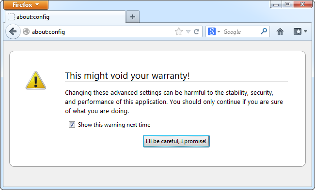 Предупреждение about:config в Firefox о возможных проблемах при изменении настроек