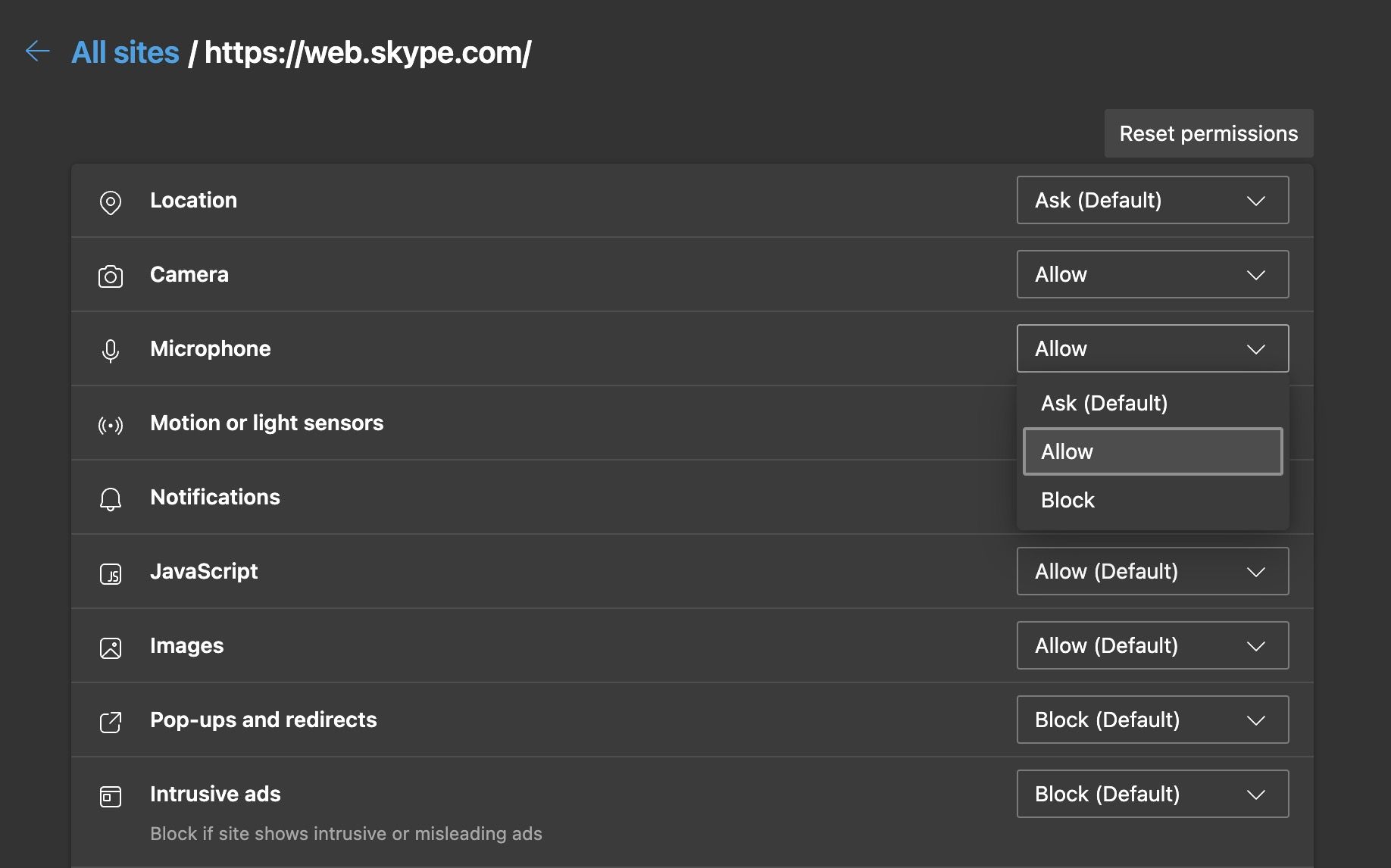 Настройки разрешений сайтов в Edge
