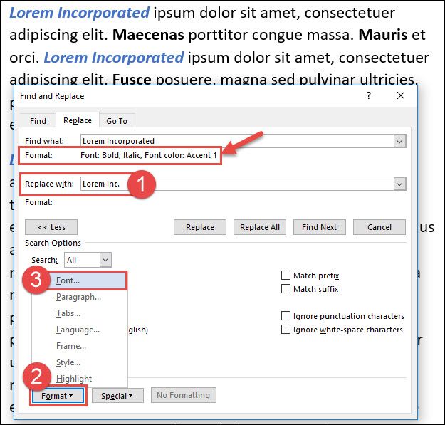 Поле 'Заменить на' с вводом 'Lorem Inc.'