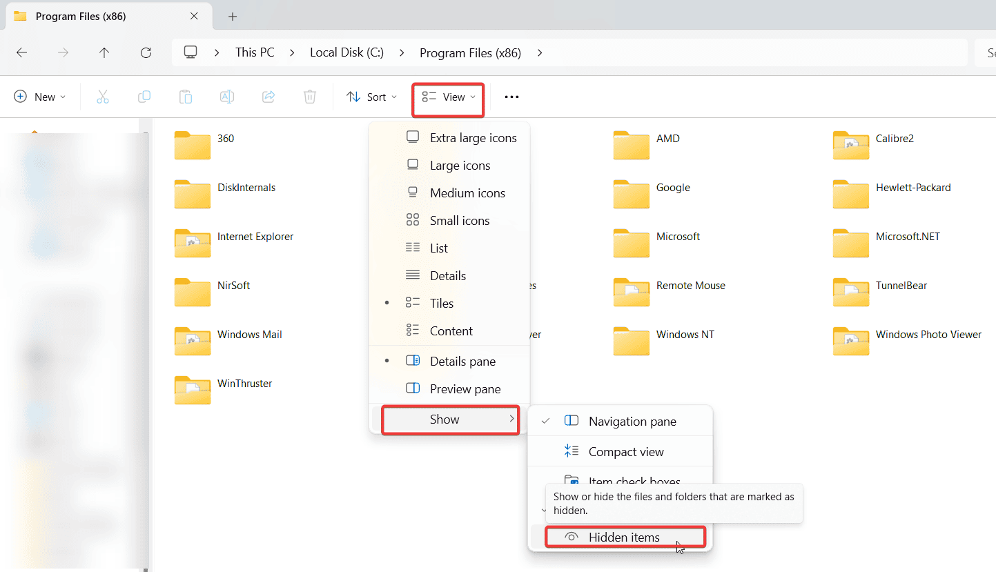 Option Afficher les éléments masqués dans l'Explorateur Windows
