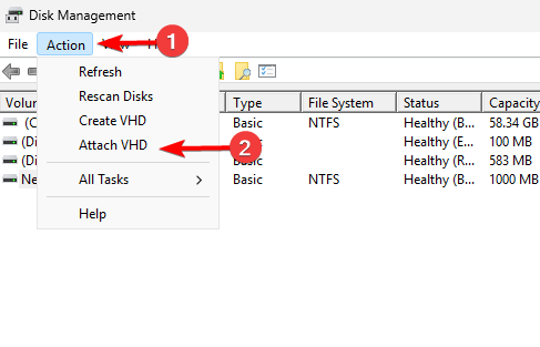 Опция Подключить VHD в меню Управление дисками