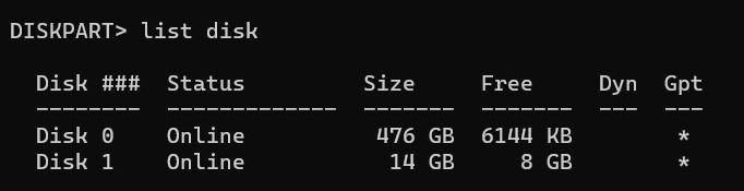 Команда list disk в PowerShell