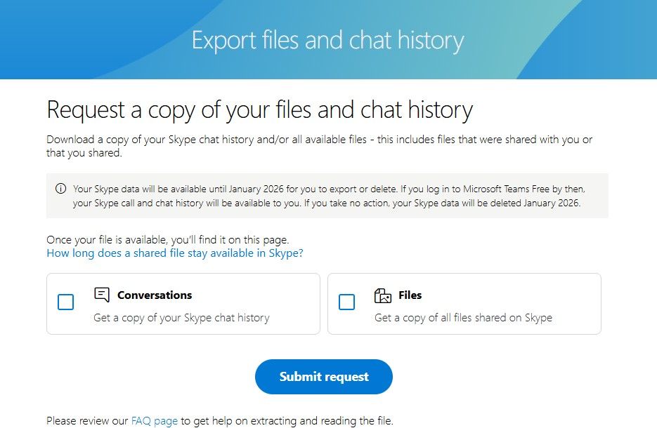 Страница экспорта истории и файлов Skype