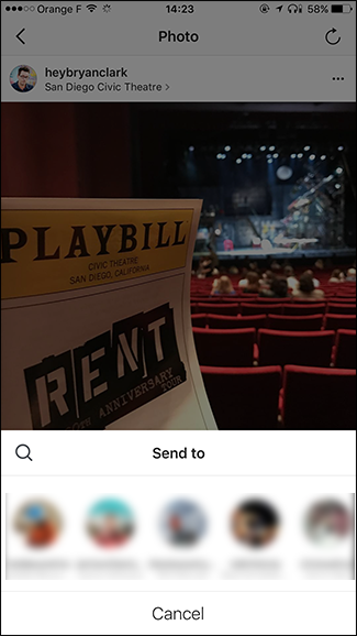 Меню отправки поста в Direct