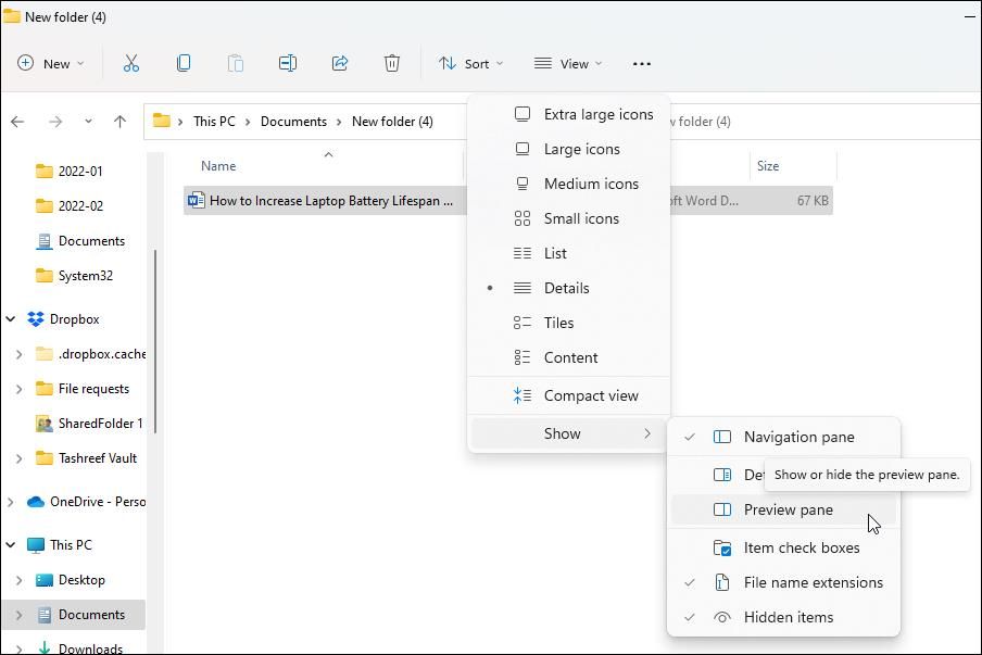 Меню Вид в Проводнике Windows, опция Предварительный просмотр