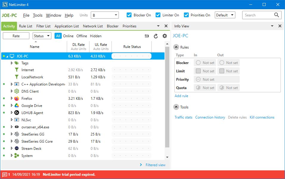 Список приложений и лимитов в NetLimiter