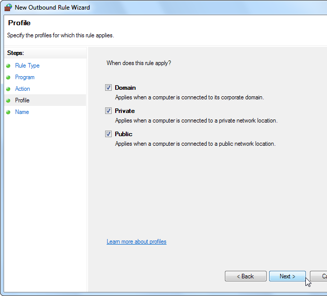 Применение правила к профилям: Домен, Частный, Публичный