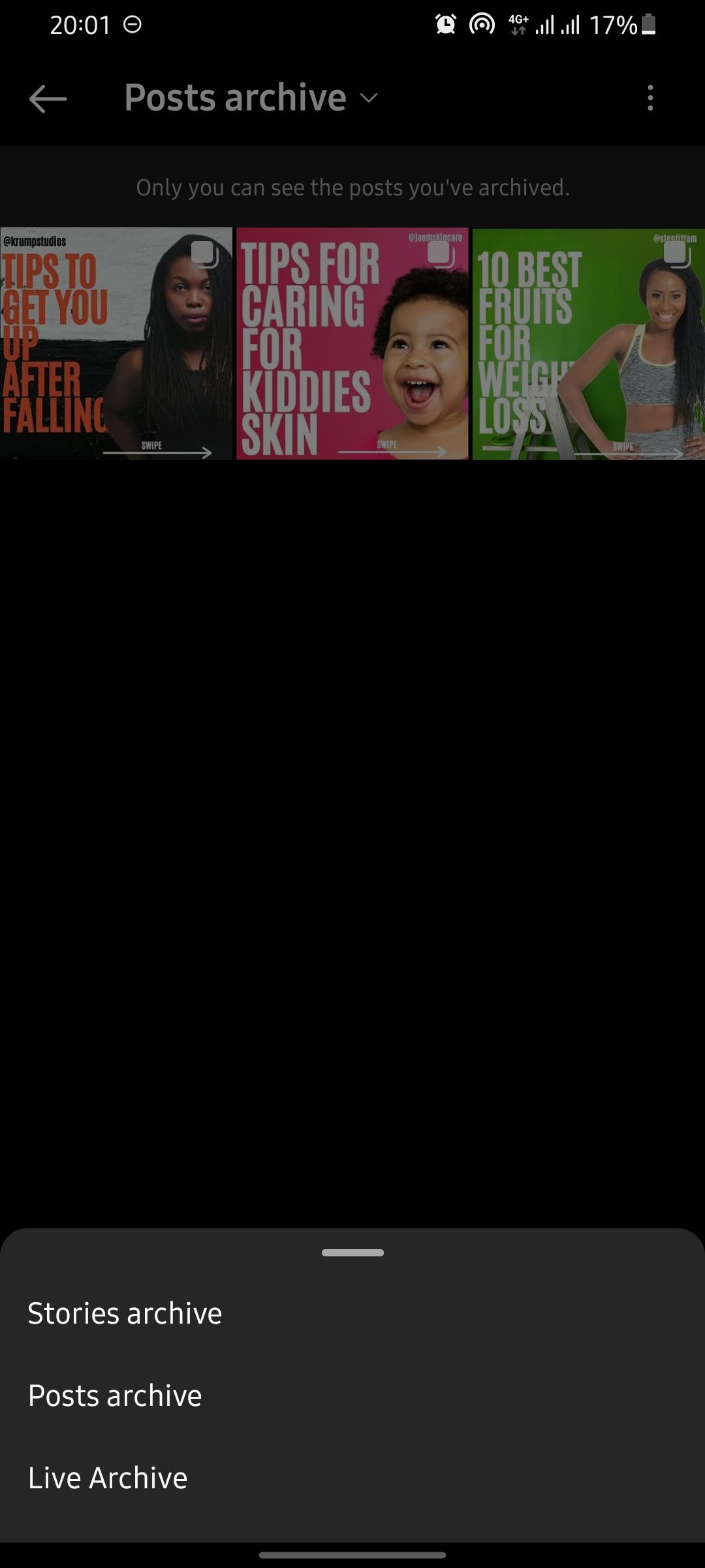 Скриншот: архивированные публикации с опциями в Instagram