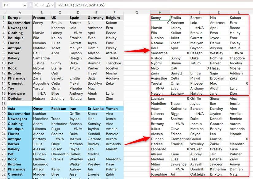 VSTACK и HSTACK используются вместе с TOCOL для объединения массивов.