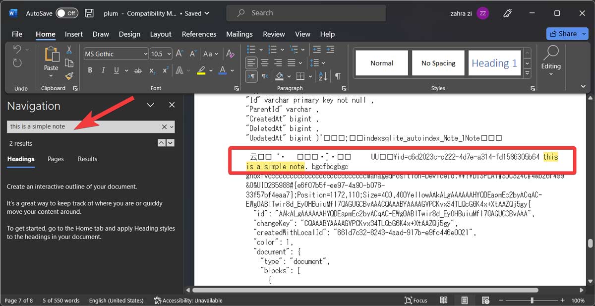 Поиск текста заметки внутри .sqlite через Word