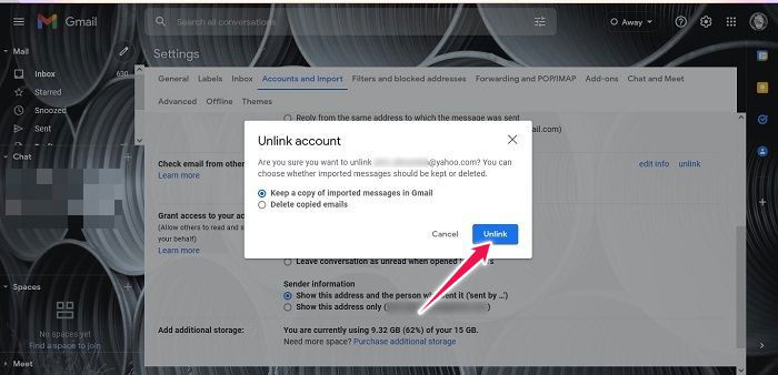 Подтверждение отвязки аккаунта в Gmail
