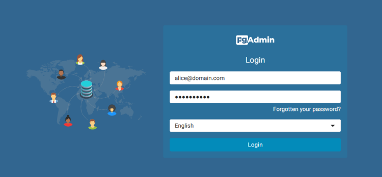 Экран входа в pgAdmin4: поле email и пароль
