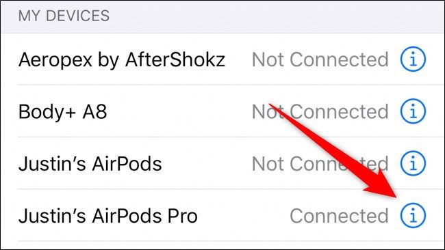 Список устройств Bluetooth с иконкой информации рядом с AirPods Pro