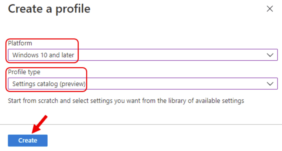 Создание профиля: выбор Settings catalog