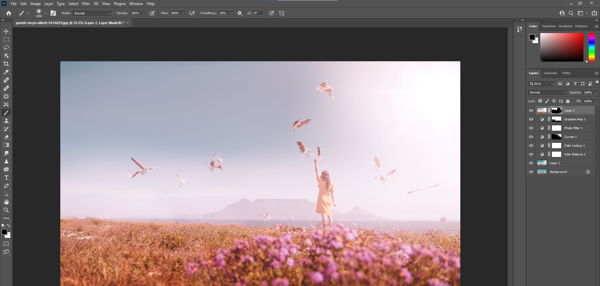 Финальная версия синергии Luminar AI + Photoshop: мягкий ореол солнца, тёплый тон и фокус на переднем плане