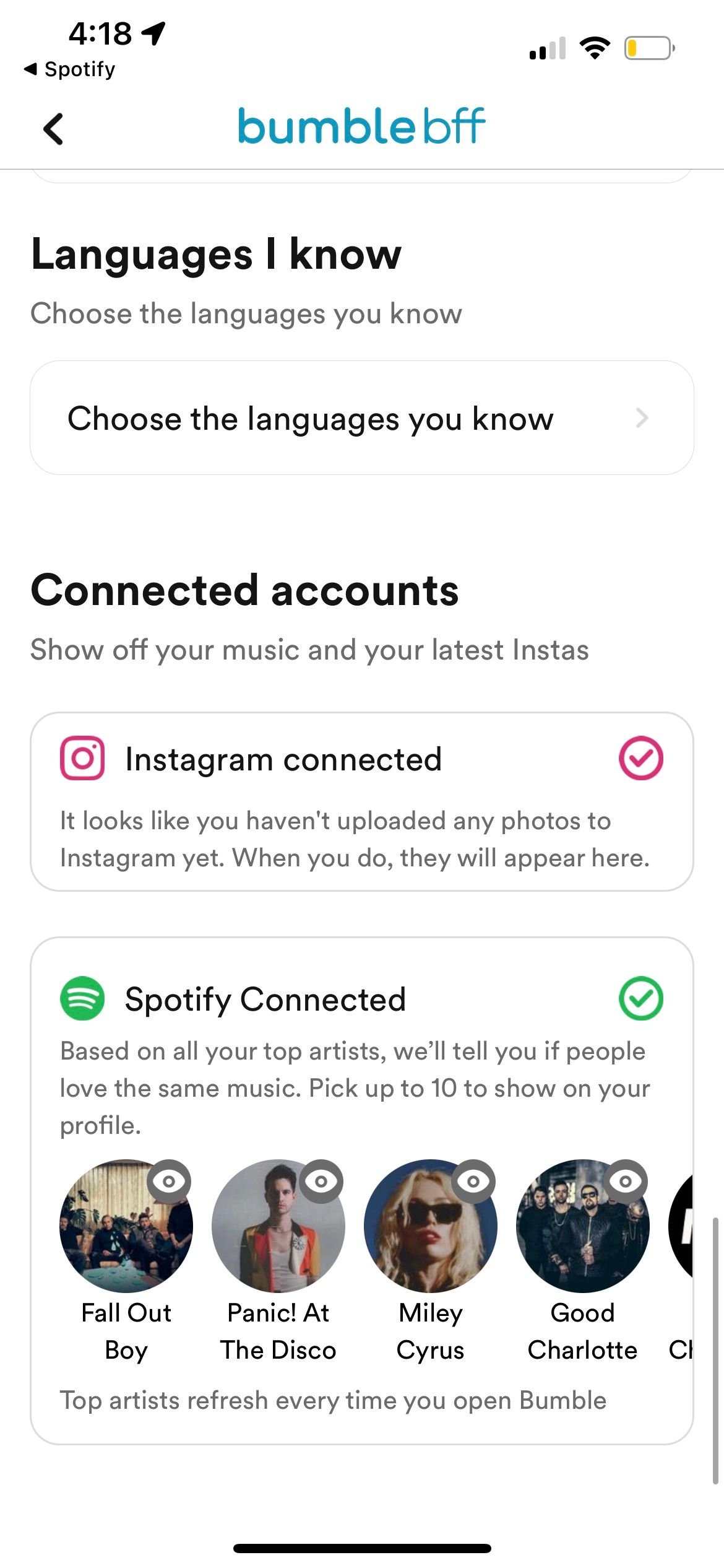 Bumble подключён к Spotify
